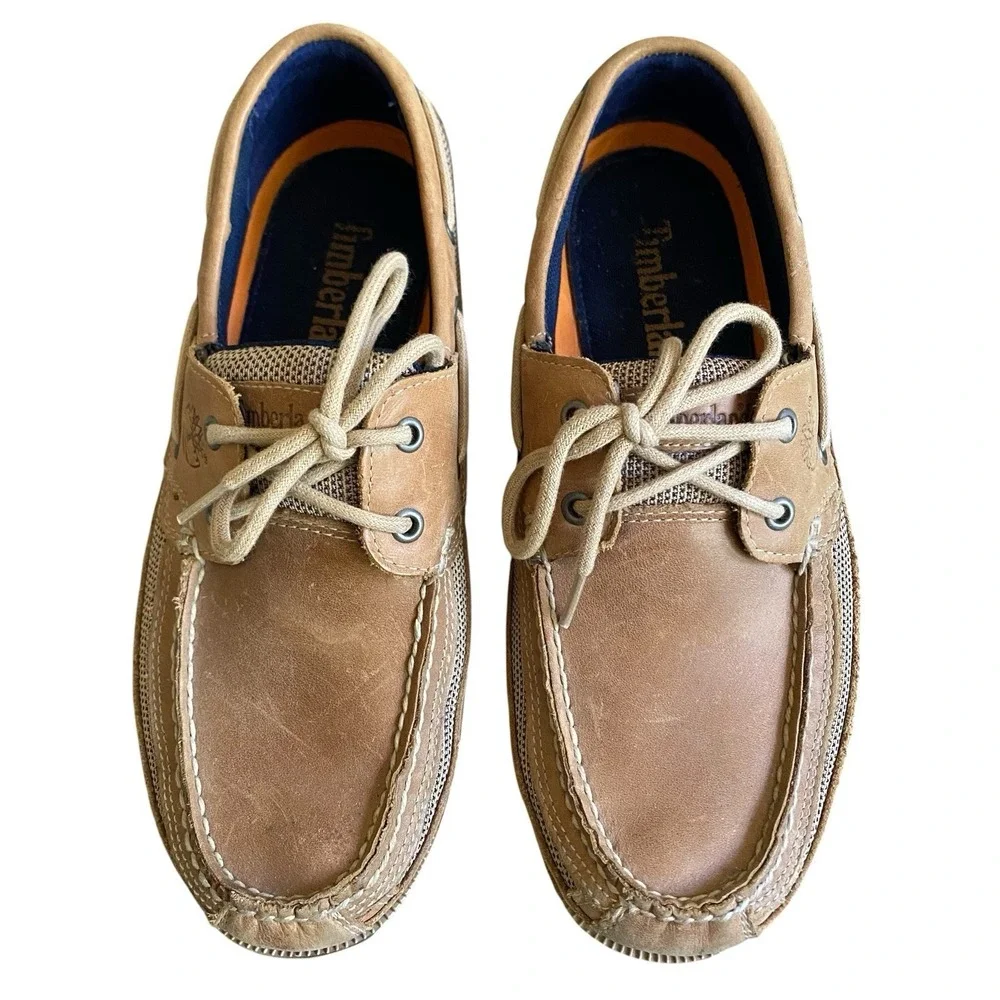 Timberland Kiawah Boat Shoe Men Size 9.5M EU 42.5 Tan Leather Textile Preppy